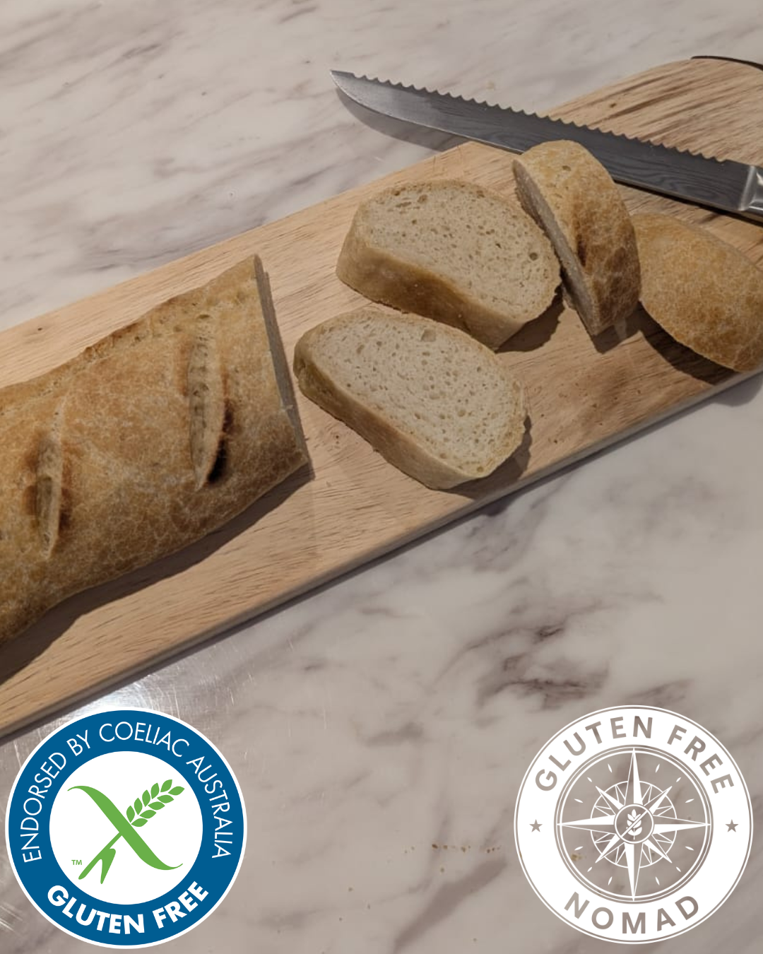 Crispy homemade gluten free baguette baked with Gluten Free Nomad 1-to-1 gluten free flour