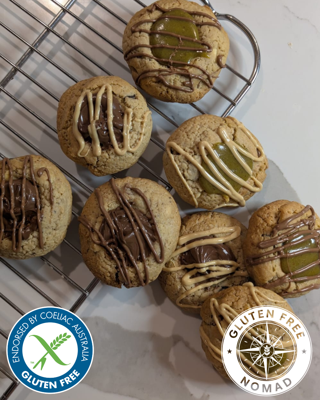 Bakery-style gluten free chocolate chip cookies made with Gluten Free Nomad 1-to-1 gluten free flour and filled with pistachio or Nutella