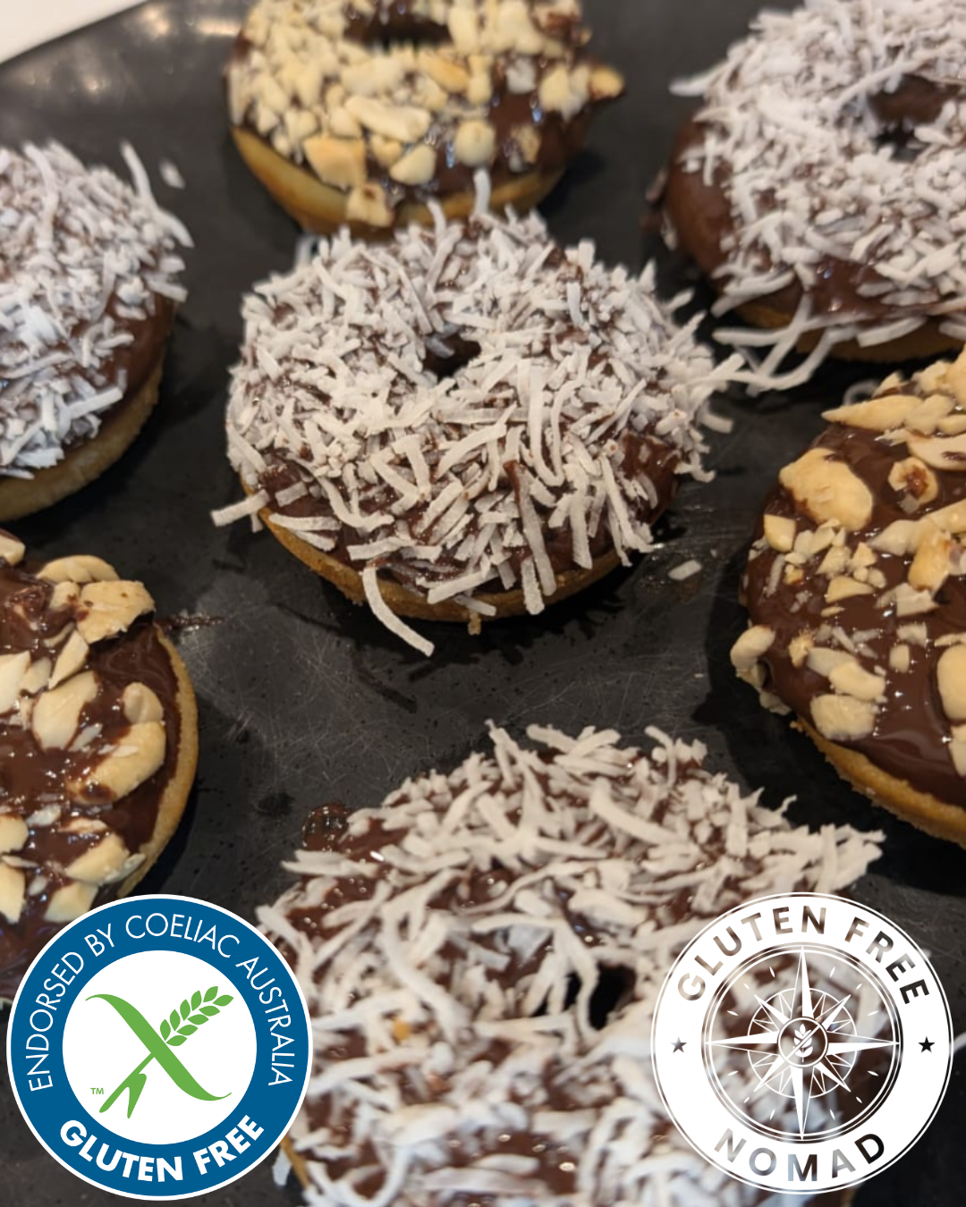 High-protein gluten free doughnuts made with Gluten Free Nomad 1-to-1 gluten free flour