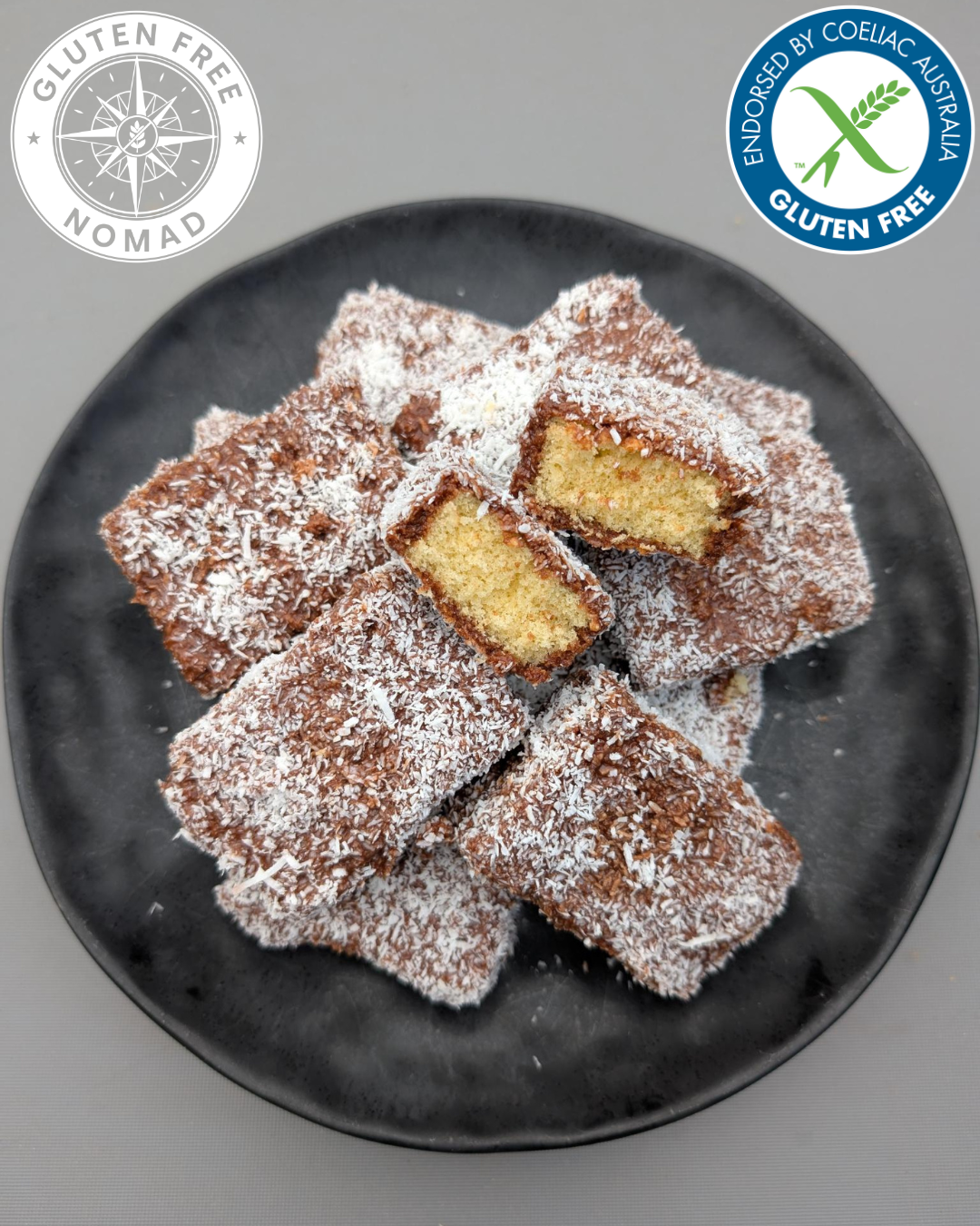Classic Australian gluten free lamingtons made with Gluten Free Nomad 1 to 1 Baking Flour