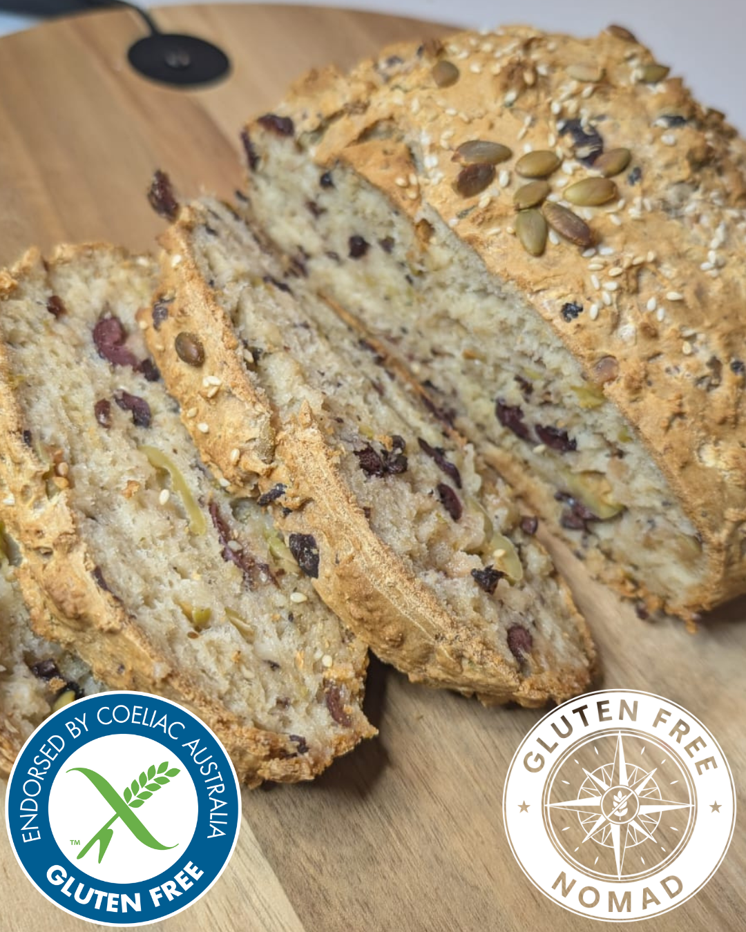 Rustic gluten free olive bread baked with Gluten Free Nomad 1-to-1 gluten free flour