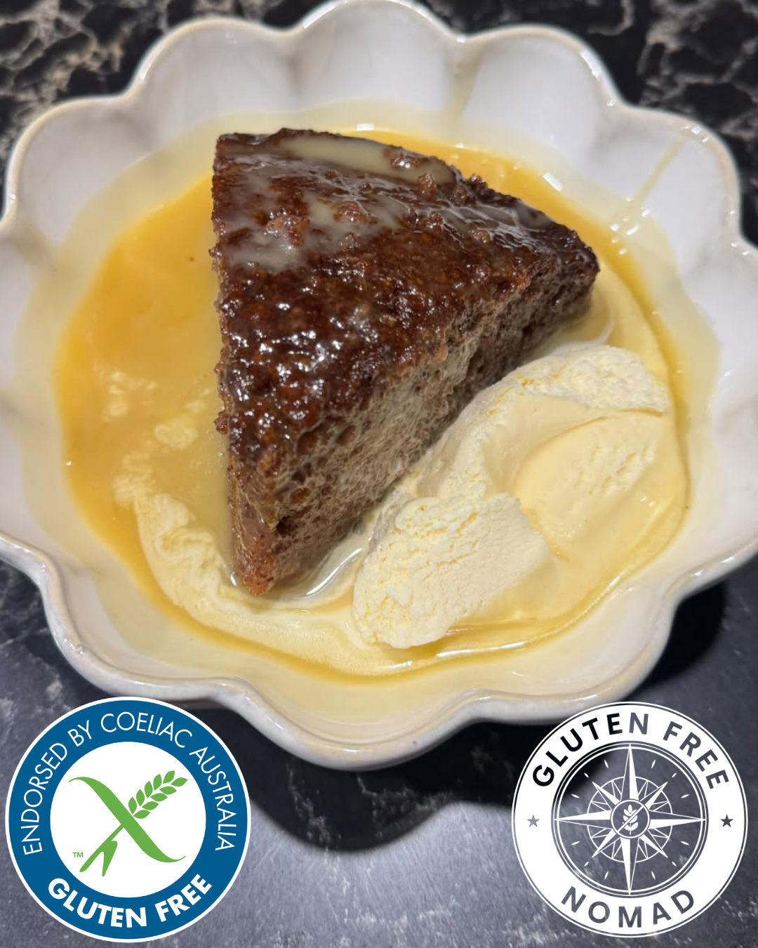 Gluten free sticky date pudding made with Gluten Free Nomad flour and served with homemade butterscotch sauce.